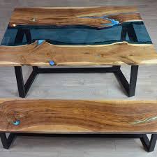 Live Edge River Dining Table With Bench And Glowing Resin Fill Etsy In 2020 Dining Table With Bench Bench Table Dining Table