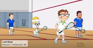 ROGER: Bien jugado, Chip. Tu saque. CHIP: Oye, Rog, el niño está lleno de  ronchas. ROGER: Tu saque, Chip. CHIP: ¿Qué tal si lo dejamos estar? ROGER:  ¿Qué tal si sacas, Chip? :