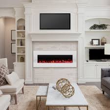 With the floating cabinets and vintage lounge chairs around, the iconic fireplaces inject further cozy retro ambience into the room. Living Room With Wall Mounted Fireplace Rona Mantar