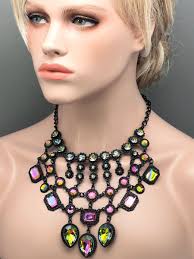 Women Statement Necklace Black Aurora Crystal Strand Layered Collar Bib  20281
