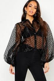 Femmes dentelle chemise ruche haut chemisier à pois brodé maille évasé manche. Chemisier A Manches Ballon A Pois En Organza Noir S Noir From Boohoo On 21 Buttons