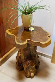 Solid Teak Wood Side Table With Tree Trunk Foot Tree Slice As A Table Top 50cm Round Burl Coffee Table With Tree Edge Nature Wood Table Design Teak Wood Side