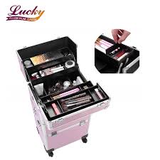Features 6 tier levels total, 4 removable shelf trays, 15 divided slot compartments on top tier. 3 In 1 Lockable Makeup Case 4 Tier Professional Aluminum Rolling Cosmetic Organizer Trolley Makeup Train Case With Trays Buy 3 In 1 Professional Rolling Cosmetic Case 4 Tier Trolley Cosmetic Makeup