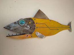 Fish Made With Wood Metal Glass Handmade By Unikos Arts Give Your Wall A Beach Theme With One Of A Kind Original Fish W Fish Art Fish Sculpture Fish Wall Art