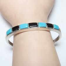 Southwestern Sterling Silver Natural Blue Turquoise and Black Onyx Cuff  Bracelet 7.00 Cts Vintage