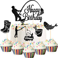 Fish birthday cake by kathrin h., vienna. Amazon Com 41 Pieces Gone Fishing Cupcake Topper Happy Birthday Cake Topper Fisherman Cake Decoration Fish Topper Picks Glitter For Men Boy Birthday Fishing Theme Party Supplies Black Home Kitchen