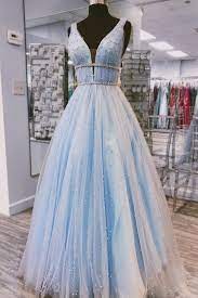 V Neck Light Blue Tulle Beaded Prom Dress Long Party Dress Ho169 Prom Dresses Blue Beaded Prom Dresses Long Tulle Prom Dress