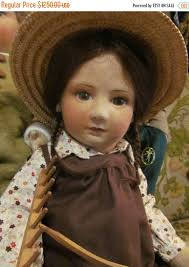 R John Wright Doll Becky Gardener BECKY Name Wooden Rake Vintage Felt Doll  Limited Edition Doll With Straw Hat Gardener Gift Wooden Rake