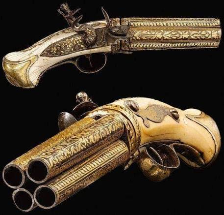 Four-barreled Indo-Persian flintlock pistol with gold damascening