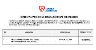 Tarikh dijangka bermula latihan praktikal: Jawatan Kosong Terkini Tenaga Nasional Berhad Tnb Program Latihan Protege Entreprenuer Teknikal Kerja Kosong Kerajaan Swasta