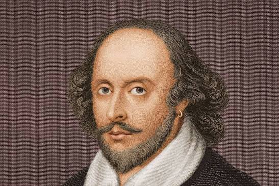 Portrait of William Shakespeare with a beard, a gold earring and a white collar
