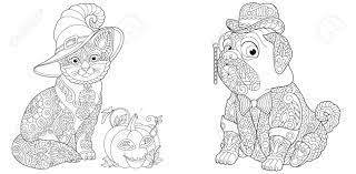 Find & download free graphic resources for cat sketch. Coloring Pages Cute Cat With Halloween Pumpkin Elegant Pug Dog In Tuxedo And Bowler Hat Line Art Design For Adult Colouring Book With Doodle And Elements Vector Illustration Royalty Free Cliparts Vectors