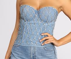 You must also wear a tank top inside your corset in order to bring you comfort or spandex which can help provide more comfort out of the unwanted pudge. Rhinestone Diva Denim Corset Top In 2021 Denim Corset Corset Style Tops Corset Top