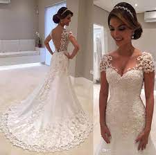 Fitted Lace Wedding Gown Bohemian New White Mermaid Lace Wedding Short Sleeves Boh Wedding Dress Cap Sleeves Backless Bridal Gowns Lace Mermaid Wedding Dress