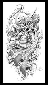 Asian dragon samurai tattoo on half sleeve. Grey Ink Samurai Warrior With Skull Tattoo Design