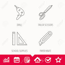 paper knife school supplies and scissors icons drill tool linear