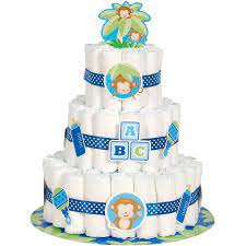 I did this by getting a thicker piece of ribbon that says oh baby, it's a boy! and wrapping it around on top of the thinner ribbons. Blue Monkey Baby Shower Diaper Cake Kit 25pc Walmart Com Walmart Com