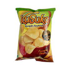 Ayam lada (pepper chicken) , bbq, rumput laut (seaweed) , keju bakar (baked cheese) , chili lemon packing size 180 gr x 30 pcs 12 variant : Kusuka Keripik Singkong 180g Brave Tristar Sdn Bhd