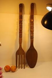 Unique Wooden Wall Decoration Cutlery Large Decorative Carved Wood Spoon Fork Rare Rustic Kitchen Decor Handmade Happy Home Tiki Design Rustic Kitchen Decor Wood Bowl Decor Wooden Fork