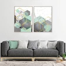 Set Of 2 Mint Green Grey Gold Downloadable Geometric Prints Printable Geometric Wall Art Abstract Geometric Download Hexagon Art Set Mint In 2021 Green Living Room Decor Mint Green Rooms Mint Green Bedroom