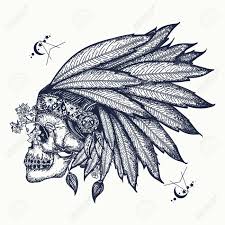 American native big black ink indian skull tattoo on. Indian Skull Tattoo Art Warrior Symbol Native American Indian Feather Headdress With Human Skull T Shirt Design Royalty Free Cliparts Vectors And Stock Illustration Image 71509909