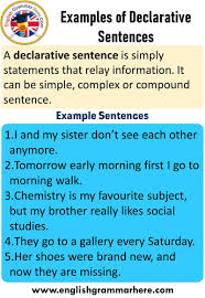 A Declarative Sentence Is Simply Statements That Relay Information It Can Be Simple Complex Or Compound Sen In 2020 Declarative Sentences Sentence Examples Sentences