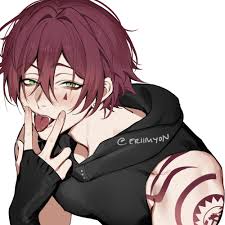 eriimyon, alec (isekai trip), isekai trip saki de tasukete kureta no wa  hitogoroshi no shounen deshita, original, highres, 1boy, :p, black gloves,  black hoodie, blush, drooling, earrings, fangs, fingerless gloves,  fingernails, gloves,