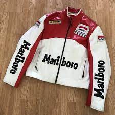 Two Tone Red White Marl Boro Racing Motorcycle Michelin Genuine Leather Jacket Leadst Genuine Leather Jackets Leather Jacket Celebrities Leather Jacket