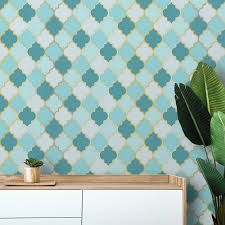 Peel and stick to any smooth, flat surface without any water or mess. Peel And Stick Moroccan Wallpaper Mural Teal Blue Gold Non Metallic Removable Self Adhesive In 2021 Moroccan Wallpaper Teal And Gold Wallpaper Gold Geometric Wallpaper