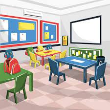 Junior School Classroom With White Board Colorful Study Table And Chair Recycle Bin And Student Bag For Cartoon Vector Illustration Interior Classroom Flat T White Board School Classroom Study Table And