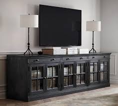 I love pottery barn design, so i designed a media center + toy storage based on the pb logan media center. Livingston Large Tv Stand With Glass Doors Gray Wash Pottery Barn Tv Stand With Glass Doors Large Tv Stands Glass Cabinet Doors