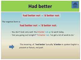 Had better is used to give advice about specific things (use should for general advice). Pin On Part Of Speech