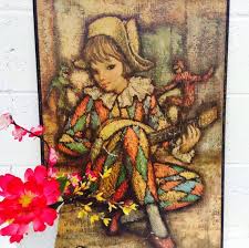 Vintage Harlequin Style Oil Painting Wide Eyed Girl Playing Lute With Dancing Jesters Vintage Artwork Renaissance Style W Vintage Artwork Oil Painting Painting