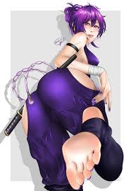 yuzuriha (jigokuraku), jigokuraku, absurdres, highres, 1girl, ass,  barefoot, feet, long hair, looking at viewer, parted lips, purple hair, red  eyes, soles, stirrup legwear, toeless legwear, toes - Image View - |  Gelbooru -