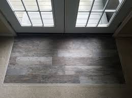Diy Wood Style Tile On A Concrete Slab With Transition To Carpet Quickcrafter Carpet To Tile Transition Flooring Diy Wood Floors