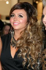 Jesy Nelson Curly Light Brown Dark Roots, Faux Sidecut, Sideswept Bangs  Hairstyle