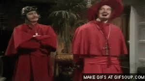 Nobody expects the spanish inquisition is a joke referring to the fact that historically, most people accused during the spanish inquisition were not guilty of a crime.so of course when the guys come knocking at their door for interrogation, the accused person is not expecting it at all. Nobody Expects The Spanish Inquisition Gifs Get The Best Gif On Giphy