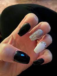 Acrylic Coffin Nail Design Black Silver Nails White And Silver Nails White Glitter Nails