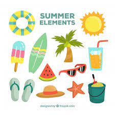 Focused on summer clothes, it includes terms such as: Free Vector Set Of Summer Elements With Food And Clothes In Hand Drawn Style