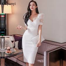 Penggunaan siasat kerah v ini sudah sangat populer sejak dulu. White Office Lady Dress 2021 Spring High Waist Tight Dress V Neck Stitching Sexy Mesh Puff Sleeves Elegant Party Dress Best Offer Fbd5 Cicig