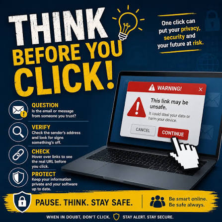 One wrong click can cost you your data and money. Always check before  opening any link and avoid unknown sources. Stay alert, #StaySafe