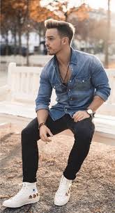 Black And Blue Outfits Men Summer Outfit Inspiration With Blue Denim Button Up Shirt With Rolled Up Sleeves Wrist Accessories Watch B Mens Casual Outfits Mens Fashion Suits Stylish Denim