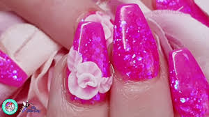 Diy acrylic nails at home. Bright Pink Acrylic Nails With 3d Flower Youtube