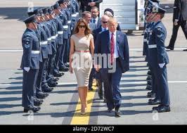 President Donald J. Trump is greeted by U.S. Air Force personnel Col. Brian  Lehew and CMSgt. Judith McGrath after disembarks Air Force One Wednesday,  Oct. 21, 2019, at Pittsburgh International Airport in