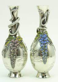 Japanese Meiji Silver Serpent Wisteria Vases A Pair Of Antique Finely Crafted Japanese Silver Wisteria Vases Depicting Raised Enameled Bir Vase Silver Wisteria