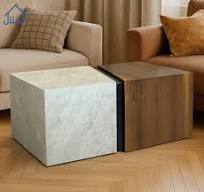 ‫طقم طاولات جانبية مكعب بديل حجر وخشب بتصميم عصري‬‎
