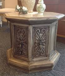 Refurbished Mediterranean Side Table Octagonal Faux Marble Top Double Doors Open Painted White Waxe Octagon Table Furniture Makeover Side Table Makeover