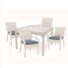 Martha Stewart Living Charlottetown White All Weather Wicker 5 Piece Patio Dining Set With Washed Blue Cushion Outdoor Furniture White Wicker Patio Furniture Blue Cushions Backyard Furniture