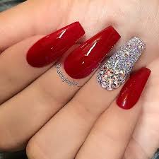Repost Festive Red Nails With Glitter And Crystal Accent Picture And Nail Des Red Nails Glitter Coffin Nails Designs Red Acrylic Nails Seductive red and black with gold detail.