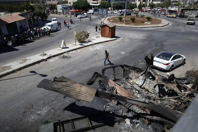 A street scene in Sweida, Syria, reflecting the mounting tension and uncertainty in the holdout province.